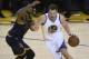 June 14, 2015; Oakland, CA, USA; Golden State Warriors forward David Lee (10) moves the ball against the defense of Cleveland Cavaliers center Tristan Thompson (13) in the first half in game five of the NBA Finals. at Oracle Arena. Mandatory Credit: Kyle