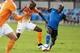 Jul 10, 2015; San Jose, CA, USA; San Jose Earthquakes midfielder Sanna Nyassi (17) and Houston Dynamo defender/midfielder DaMarcus Beasley (7) fight for possession of the ball during the first half at Avaya Stadium. The Houston Dynamo defeated the San Jos