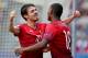 OLOMOUC, CZECH REPUBLIC - JUNE 27: Ivan Cavaleiro (R) of Portugal celebrate with team mate Bernardo Silva after scoring the 3rd goal during the UEFA European Under-21 semi final match Between Portugal and Germany at Ander Stadium on June 27, 2015 in Olom