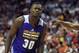Jul 13, 2015; Las Vegas, NV, USA; Los Angeles Lakers forward Julius Randle (30) reacts after being assessed a foul during an NBA Summer League game against the Knicks at Thomas & Mack Center. Mandatory Credit: Stephen R. Sylvanie-USA TODAY Sports