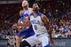 LAS VEGAS, NV - JULY 14: Jahlil Okafor #8 of the Philadelphia 76ers boxes out against Alex Kirk #53 of the New York Knicks during the 2015 NBA Las Vegas Summer League game on July 14, 2015 at the Thomas & Mack Center in Las Vegas, Nevada. NOTE TO USER: U