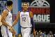 Jul 10, 2015; Las Vegas, NV, USA; Los Angeles Lakers center Robert Upshaw (12) reacts after a call during an NBA Summer League game against Minnesota at Thomas & Mack Center. Minnesota won the game 81-68. Mandatory Credit: Stephen R. Sylvanie-USA TODAY S