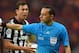 BERLIN, GERMANY - JUNE 06: Andrea Barzagli and Stephan Lichtsteiner of Juventus talk to referee Cuneyt Cakir during the UEFA Champions League Final between Juventus and FC Barcelona at Olympiastadion on June 6, 2015 in Berlin, Germany. (Photo by Shaun Bo