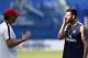 Paris Saint-Germain's French head coach Laurent Blanc (L) speaks with Paris Saint-Germain's Italian midfielder Thiago Motta during a training session at Saputo stadium in Montreal on July 31, 2015 on the eve of the French Trophy of Champions football mat