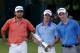 BETHESDA, MD - JUNE 19: Rory McIlroy of Northern Ireland poses with the trophy after his eight-stroke victory on the 18th green alongside runner-up Jason Day of Australia (L) and leading amateur Patrick Cantlay (R) during the 111th U.S. Open at Congressi
