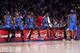 LOS ANGELES, CA - MAY 19: Oklahoma City Thunder players, from left, Kevin Durant #35, Russell Westbrook #0, Kendrick Perkins #5, Serge Ibaka #9 and James Harden #13 wait to resume action against the Los Angeles Lakers in Game Four of the Western Conferenc