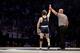 STATE COLLEGE, PA - FEBRUARY 8: Jimmy Gulibon of the Penn State Nittany Lions gets his hand raised after winning his match against Cory Clark of the Iowa Hawkeyes on February 8, 2015 at the Bryce Jordan Center on the campus of Penn State University in Sta