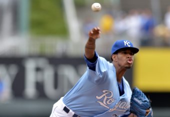 Aug 27, 2015; Kansas City, MO, USA; Kansas City Royals starting pitcher Yordano Ventura (30) throws a warm-up pitch before the game against the Baltimore Orioles at Kauffman Stadium. Mandatory Credit: Denny Medley-USA TODAY Sports