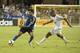 September 5, 2015; San Jose, CA, USA; San Jose Earthquakes forward Chris Wondolowski (8) kicks the soccer ball against Philadelphia Union defender Fabinho (33) during the second half at Avaya Stadium. The Union defeated the Earthquakes 2-1. Mandatory Cred