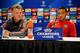 Manchester United's manager Louis van Gaal (L) and Dutch forward Memphis Depay attend a press conference in Eindhoven on September 14, 2015 on the eve of the Champions League Group B football match PSV Eindhoven vs Manchester United. AFP PHOTO / ANP BAS C