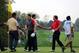 Oct 5, 2013; Dublin, OH, USA; Hideki Matsuyama, Zach Johnson, Adam Scott and Jason Dufner shake hands after their in the second round of the Presidents Cup at Muirfield Village Golf Club. Mandatory Credit: Allan Henry-USA TODAY Sports