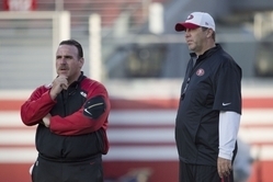 August 1, 2015; Santa Clara, CA, USA; San Francisco 49ers head coach Jim Tomsula (left) and offensive coordinator Geep Chryst (right) during training camp at Levi's Stadium. Mandatory Credit: Kyle Terada-USA TODAY Sports