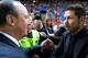 MADRID, SPAIN - OCTOBER 04: head coach Diego Pablo Simeone (R) of Atletico de Madrid welcomes head coach Rafael Benitez (L) of Real Madrid CF during the La Liga match between Club Atletico de Madrid and Real Madrid CF at Vicente Calderon Stadium on Octob
