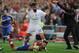MADRID, SPAIN - OCTOBER 04: Alvaro Arbeloa of Real Madrid fouls Yannick Carrasco of Club Atletico de Madrid during the La Liga match between Club Atletico de Madrid and Real Madrid at Vicente Calderon Stadium on October 4, 2015 in Madrid, Spain. (Photo