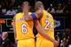 HONOLULU, HI - OCTOBER 4: Jordan Clarkson #6 and Kobe Bryant #24 of the Los Angeles Lakers huddle during a preseason game against the Utah Jazz at the Stan Sheriff Center on October 4, 2015 in Honolulu, Hawaii. NOTE TO USER: User expressly acknowledges an