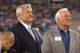 CHARLOTTE, NC - SEPTEMBER 13: Owner Jerry Richardson of the Carolina Panthers and former president Mike McCormack look on during the 10 year anniversary team celebration at halftime of the game against the Green Bay Packers on September 13, 2004 at Bank