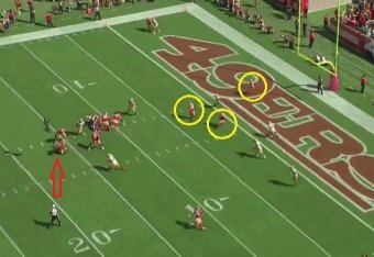 Kaepernick takes the sack while the 49ers have open targets in or near the end zone.