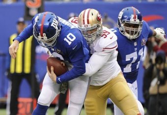 Look for linebacker Aaron Lynch to try and force pressure on Giants quarterback Eli Manning.