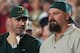 31 Mar 2001: Major League Baseball players and Michigan State alum's David Wells (right) and Kirk Gibson watch their team take on Arizona during the semifinal of the Men's NCAA Basketball Final Four tournament at the Metrodome in Minneapolis, Minnesota.