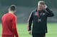 Manchester United's Dutch manager Louis van Gaal (R) talks to his players during a training session at their Carrington facility in Manchester, north west England on October 20, 2015 ahead of their UEFA Champions League football match against CSKA Moscow