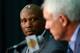 EL SEGUNDO, CA - JULY 29: Byron Scott looks on, as Los Angeles Lakers general manager Mitch Kupchak addresses the media during a press conference to introduce Byron Scott as the new head coach of the Los Angeles Lakers at Toyota Sports Center on July 29,