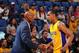 ONTARIO, CA - OCTOBER 8: Head Coach Byron Scott of the Los Angeles Lakers high fives Jordan Clarkson #6 of the Los Angeles Lakers against the Toronto Raptors during a preseason game on October 8, 2015 at Citizens Business Bank Arena in Ontario, Californi