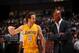 ANAHEIM, CA - OCTOBER 22: Marcelo Huertas #9 of the Los Angeles Lakers talks to Head Coach Byron Scott of the Los Angeles Lakers against the Golden State Warriors during a preseason game on October 22, 2015 at Honda Center in Anaheim, California. NOTE TO