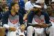 LAS VEGAS, NV - AUGUST 13: (L-R) Blake Griffin #44, DeMarcus Cousins #36 and Dwight Howard of the 2015 USA Basketball Men's National Team laugh on the bench during a USA Basketball showcase at the Thomas & Mack Center on August 13, 2015 in Las Vegas, Nev