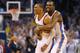 OKLAHOMA CITY, OK - MAY 13: (L-R) Russell Westbrook #0 and Kevin Durant celebrate a 105-104 win against the Los Angeles Clippers in Game Five of the Western Conference Semifinals during the 2014 NBA Playoffs at Chesapeake Energy Arena on May 13, 2014 in