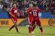 Oct 25, 2015; Dallas, TX, USA; FC Dallas forward Mauro Diaz (10) celebrates scoring a goal with midfielder Fabian Castillo (11) in the first half against the San Jose Earthquakes at Toyota Stadium. Mandatory Credit: Tim Heitman-USA TODAY Sports