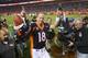 Nov 1, 2015; Denver, CO, USA; Denver Broncos quarterback Peyton Manning (18) celebrates after the game against the Green Bay Packers at Sports Authority Field at Mile High. The Broncos won 29-10. Mandatory Credit: Chris Humphreys-USA TODAY Sports