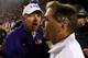 BATON ROUGE, LA - NOVEMBER 08: Head coach Les Miles of the LSU Tigers congratulates head coach Nick Saban of the Alabama Crimson Tide after the Tide defeated the Tigers 20-13 in overtime at Tiger Stadium on November 8, 2014 in Baton Rouge, Louisiana. (P