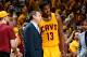 CLEVELAND, OH - MAY 26: David Blatt and Tristan Thompson #13 of the Cleveland Cavaliers speak during a game against the Atlanta Hawks in Game Four of the Eastern Conference Finals during the 2015 NBA Playoffs on May 26, 2015 at Quicken Loans Arena in Clev