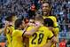 Dortmund celebrating their first goal, a rare Shinji Kagawa header.