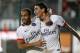 RENNES, FRANCE - OCTOBER 30: Angel Di Maria of PSG celebrates scoring the winning goal of PSG with teammate Lucas Moura (left) during the French Ligue 1 match between Stade Rennais (Rennes) and Paris Saint-Germain at Roazhon Park stadium on October 30, 20