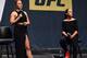 LAS VEGAS, NEVADA - SEPTEMBER 04: (L-R) UFC women's bantamweight champion Ronda Rousey and UFC women's strawweight champion Joanna Jedrzejczyk answers questions from fans during a Q&A session before the UFC 191 weigh-in inside MGM Grand Garden Arena on S