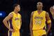Nov 3, 2015; Los Angeles, CA, USA; Los Angeles Lakers guards Jordan Clarkson (6) and Kobe Bryant (24) react during 120-109 loss against the Denver Nuggets at Staples Center. Mandatory Credit: Kirby Lee-USA TODAY Sports