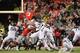 COLUMBUS, OH - NOVEMBER 21: Michael Thomas #3 of the Ohio State Buckeyes goes high to attempt to block a 41-yard field goal attempt by Michael Geiger #4 of the Michigan State Spartans as time expires at Ohio Stadium on November 21, 2015 in Columbus, Ohio