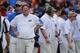 Nov 21, 2015; Gainesville, FL, USA; Florida Gators head coach Jim McElwain looks on during the second quarter against the Florida Atlantic Owls at Ben Hill Griffin Stadium. Mandatory Credit: Kim Klement-USA TODAY Sports