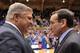 DURHAM, NC - NOVEMBER 13: Head Coach Mike Krzyzewski (R) of the Duke Blue Devils speaks with Head Coach Jimmy Patsos of the Siena Saints prior to their game at Cameron Indoor Stadium on November 13, 2015 in Durham, North Carolina. Duke defeated Siena 92-7