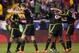 Nov 29, 2015; Harrison, NJ, USA; The Columbus Crew gather on the field and celebrate a victory in the second half of leg two of the Eastern Conference championship against the New York Red Bulls at Red Bull Arena. The Columbus Crew won with an aggregate s