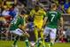 Sep 26, 2015; Columbus, OH, USA; Columbus Crew SC forward Kei Kamara (23) dribbles the ball between Portland Timbers defender Liam Ridgewell (24) and defender Nat Borchers (7) in the first half of the game at MAPFRE Stadium. The Portland Timbers beat th