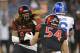 Dec 5, 2015; San Diego, CA, USA; San Diego State Aztecs linebacker Jake Fely (left) celebrates with linebacker Calvin Munson (54) after a sack of Air Force Falcons quarterback Karson Roberts (right) during the first quarter at Qualcomm Stadium. Mandatory
