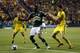 Dec 6, 2015; Columbus, OH, USA; Portland Timbers forward Fanendo Adi (9) battles for the ball with Columbus Crew defender Gaston Sauro (22) during the second half in the 2015 MLS Cup championship game at MAPFRE Stadium. Mandatory Credit: Geoff Burke-USA T