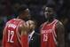 Nov 20, 2015; Memphis, TN, USA; Houston Rockets center Dwight Howard (12) and Houston Rockets center Clint Capela (15) talk during the second quarter against the Memphis Grizzlies at FedExForum. Mandatory Credit: Justin Ford-USA TODAY Sports