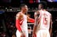 HOUSTON, TX - NOVEMBER 27: Dwight Howard #12 and Clint Capela #15 of the Houston Rockets have a quick discussion during the game against the Philadelphia 76ers on November 27, 2015 at the Toyota Center in Houston, Texas. NOTE TO USER: User expressly ackno