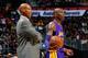 ATLANTA, GA - DECEMBER 04: Byron Scott of the Los Angeles Lakers looks on as Kobe Bryant #24 prepares to inbounds the ball against the Atlanta Hawks at Philips Arena on December 4, 2015 in Atlanta, Georgia. NOTE TO USER User expressly acknowledges and a