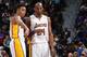 AUBURN HILLS, MI - DECEMBER 6: Kobe Bryant #24 and D'Angelo Russell #1 of the Los Angeles Lakers talk during the game against the Detroit Pistons on December 6, 2015 at The Palace of Auburn Hills in Auburn Hills, Michigan. NOTE TO USER: User expressly ac