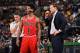 BOSTON, MA - DECEMBER 9: Derrick Rose #1 of the Chicago Bulls discusses with Fred Hoiberg of the Chicago Bulls during the game against the Boston Celtics on December 9, 2015 at the TD Garden in Boston, Massachusetts. NOTE TO USER: User expressly acknowle