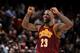 CLEVELAND, OH - DECEMBER 17: LeBron James #23 of the Cleveland Cavaliers ;celebrates; during the game against the Oklahoma City Thunder on December 17, 2015 at The Quicken Loans Arena in Cleveland, Ohio. NOTE TO USER: User expressly acknowledges and agree